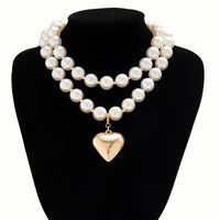 Thumbnail for Elegant Layered Heart Pendant Chunky Pearl Chain Choker Necklace Set - ArtGalleryZen