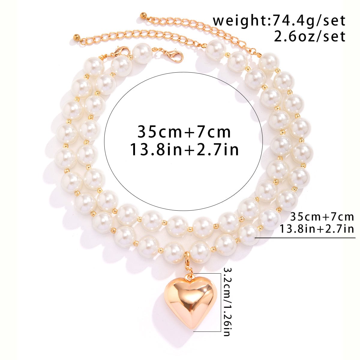 Elegant Layered Heart Pendant Chunky Pearl Chain Choker Necklace Set - ArtGalleryZen