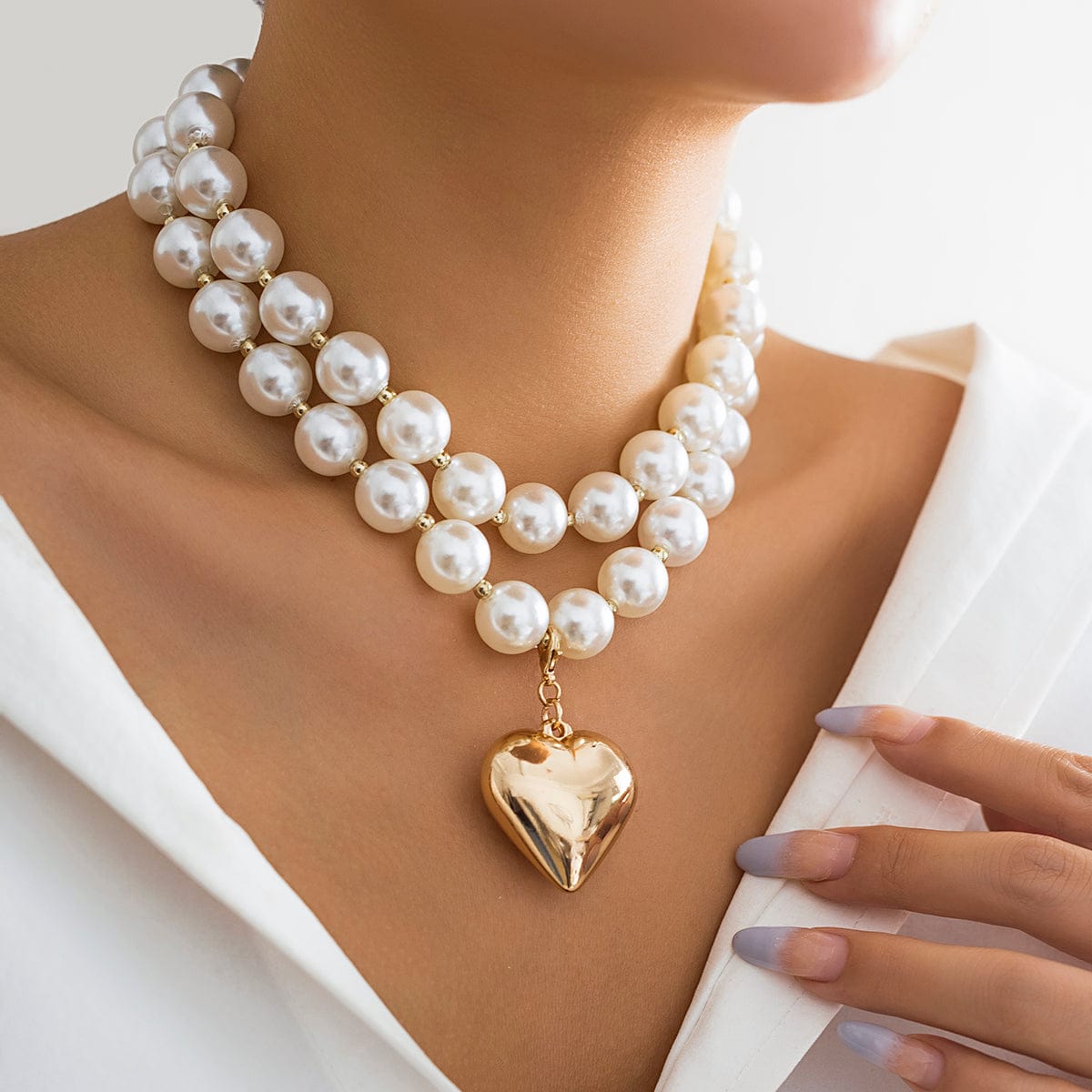 Elegant Layered Heart Pendant Chunky Pearl Chain Choker Necklace Set - ArtGalleryZen