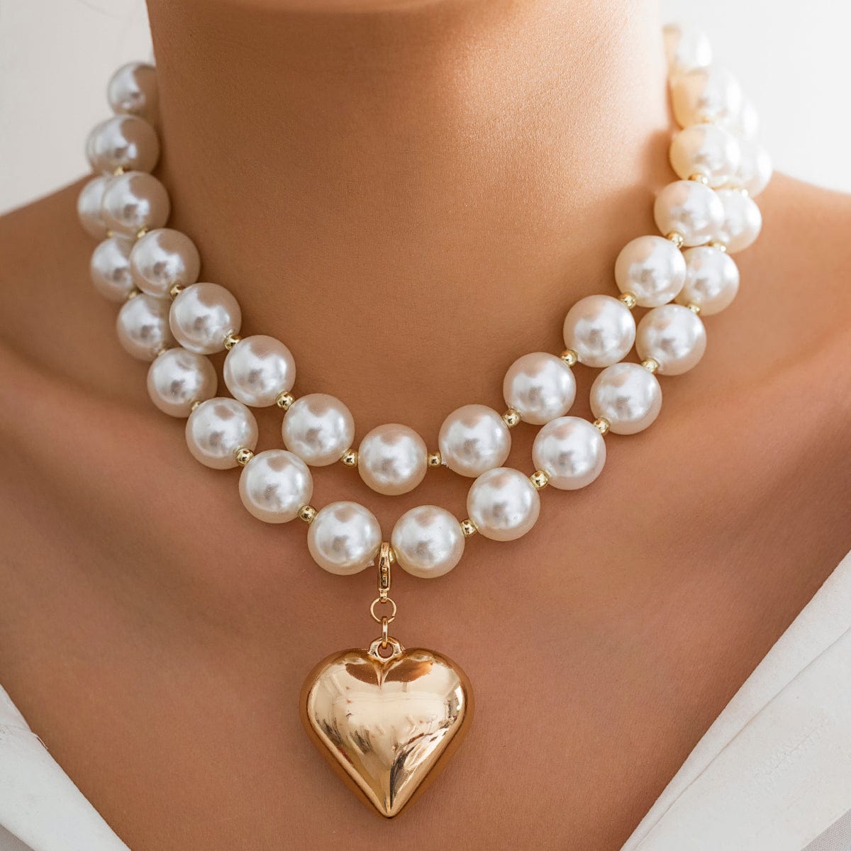 Elegant Layered Heart Pendant Chunky Pearl Chain Choker Necklace Set - ArtGalleryZen