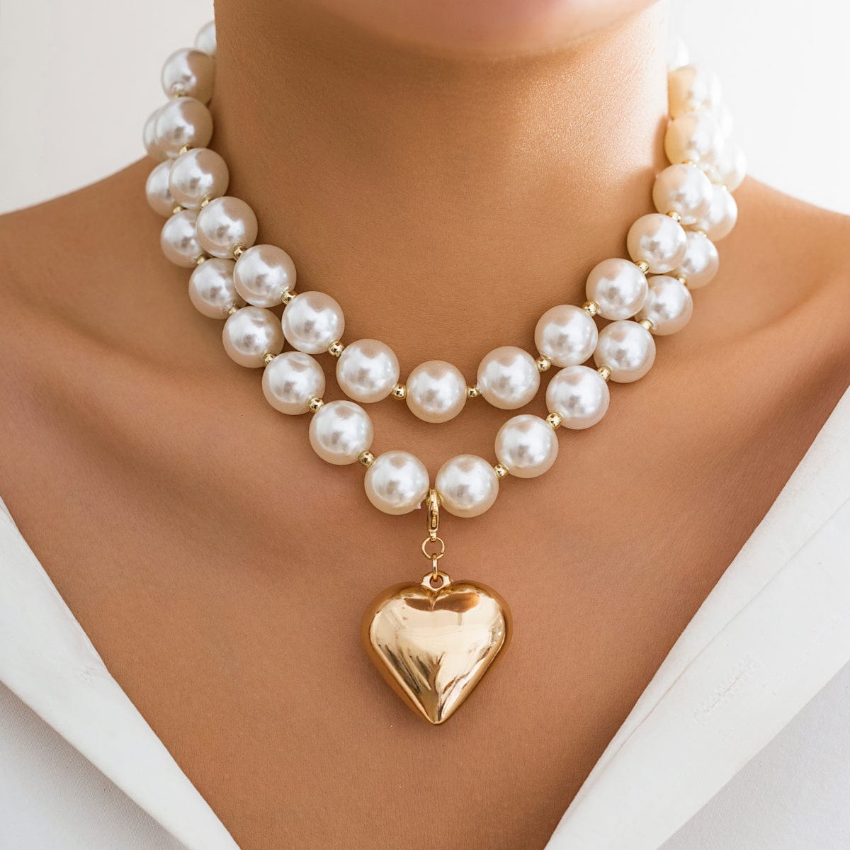 Elegant Layered Heart Pendant Chunky Pearl Chain Choker Necklace Set - ArtGalleryZen