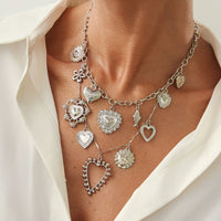 Thumbnail for Elegant Layered Hollow Floral Heart Pendant Curb Chain Necklace - ArtGalleryZen
