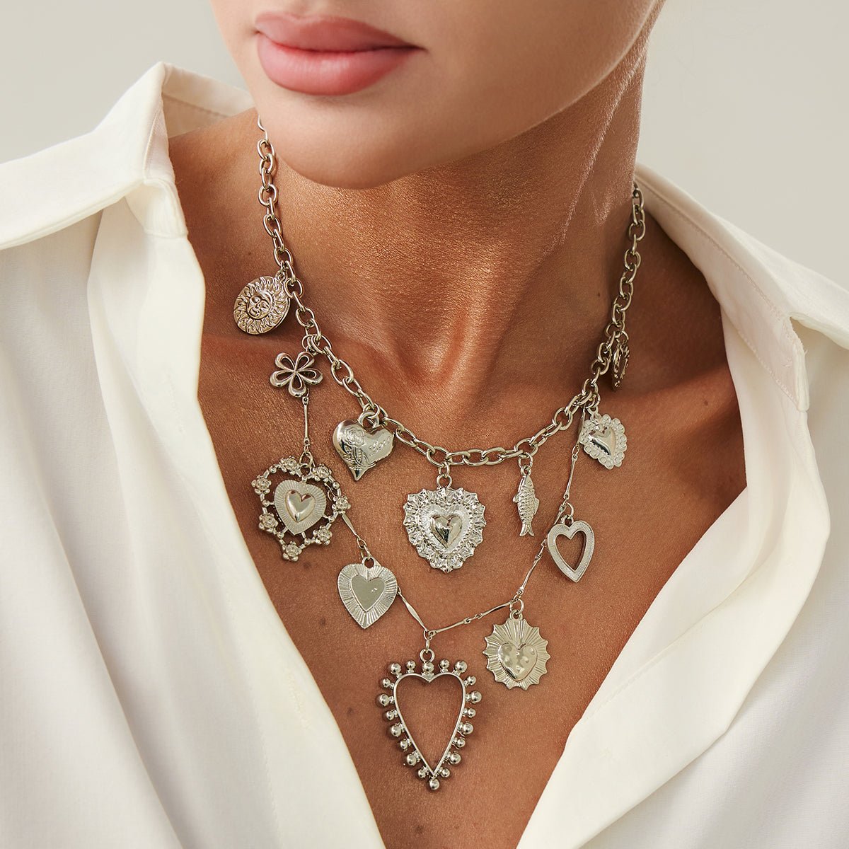 Elegant Layered Hollow Floral Heart Pendant Curb Chain Necklace - ArtGalleryZen