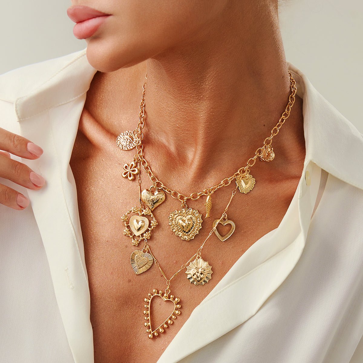 Elegant Layered Hollow Floral Heart Pendant Curb Chain Necklace - ArtGalleryZen