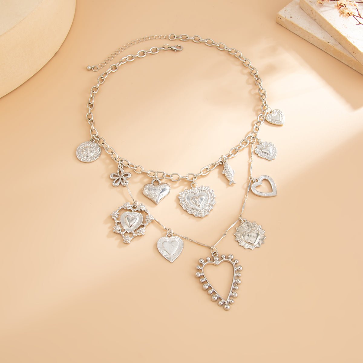 Elegant Layered Hollow Floral Heart Pendant Curb Chain Necklace - ArtGalleryZen