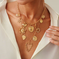 Thumbnail for Elegant Layered Hollow Floral Heart Pendant Curb Chain Necklace - ArtGalleryZen