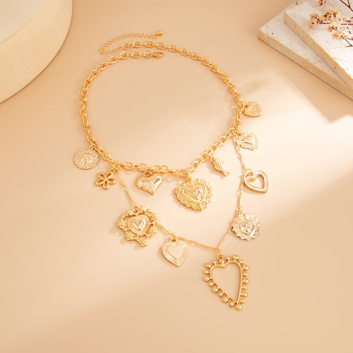 Elegant Layered Hollow Floral Heart Pendant Curb Chain Necklace - ArtGalleryZen