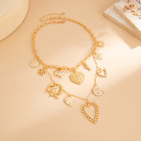 Thumbnail for Elegant Layered Hollow Floral Heart Pendant Curb Chain Necklace - ArtGalleryZen