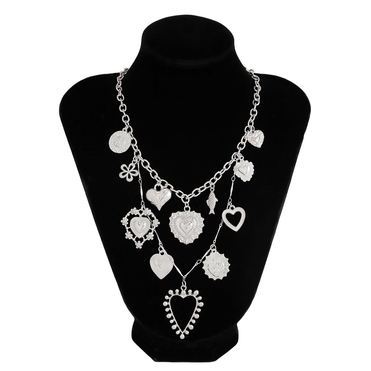 Elegant Layered Hollow Floral Heart Pendant Curb Chain Necklace - ArtGalleryZen