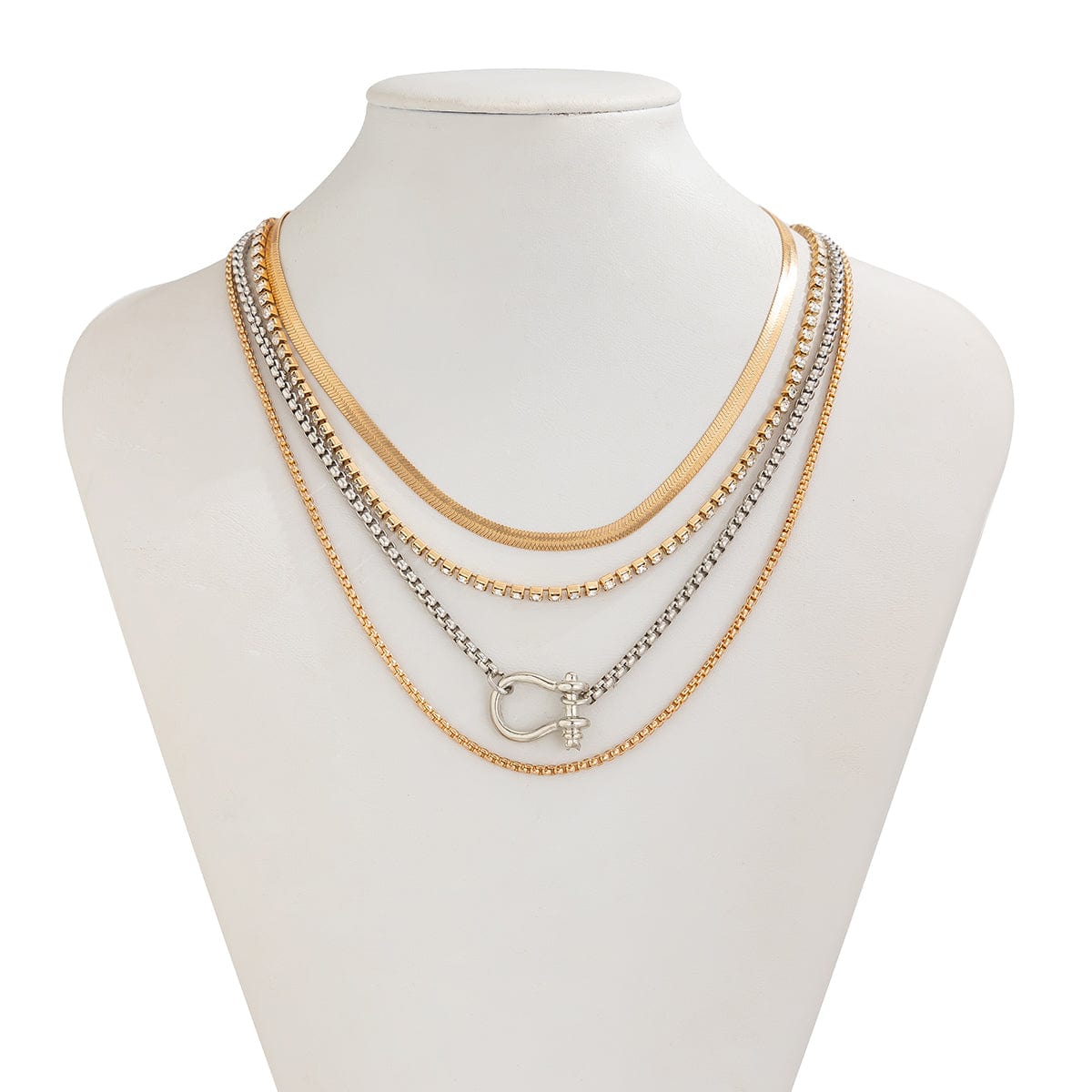 Elegant Layered Horseshoe Charm Snake Box Chain Necklace Set