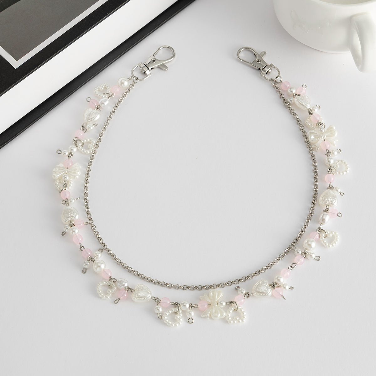 Elegant Layered Pearl Heart Glass Bead Trouser Chain - ArtGalleryZen