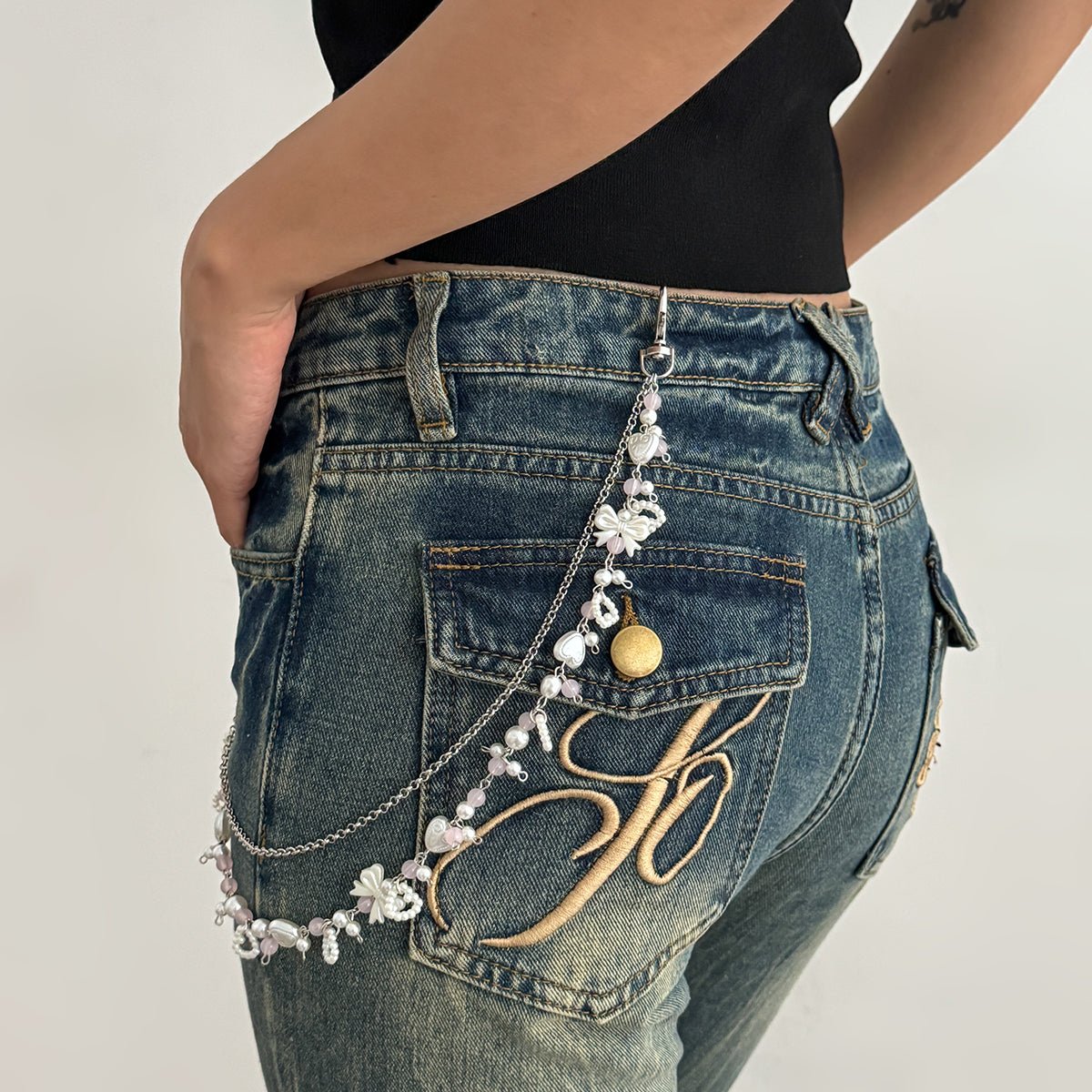 Elegant Layered Pearl Heart Glass Bead Trouser Chain - ArtGalleryZen