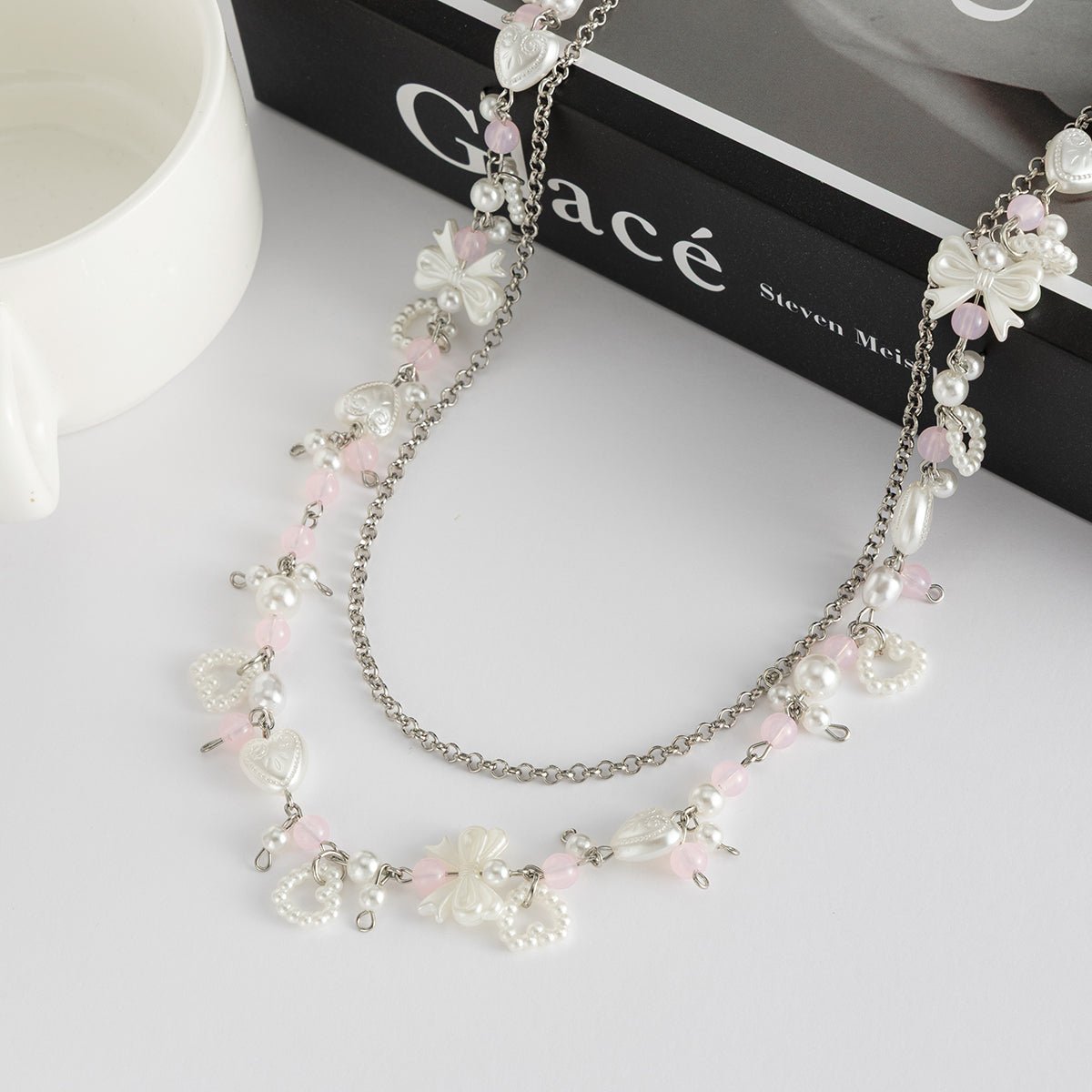 Elegant Layered Pearl Heart Glass Bead Trouser Chain - ArtGalleryZen