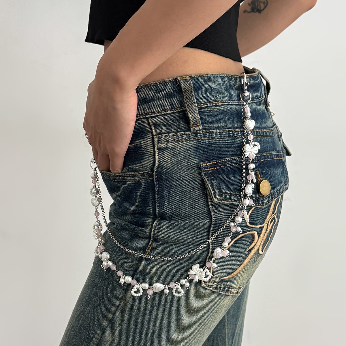 Elegant Layered Pearl Heart Glass Bead Trouser Chain - ArtGalleryZen