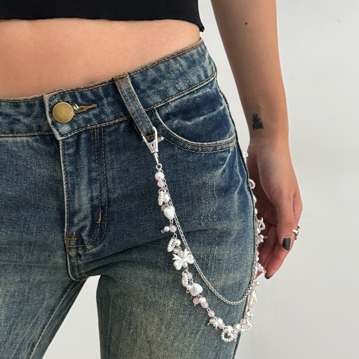Elegant Layered Pearl Heart Glass Bead Trouser Chain - ArtGalleryZen