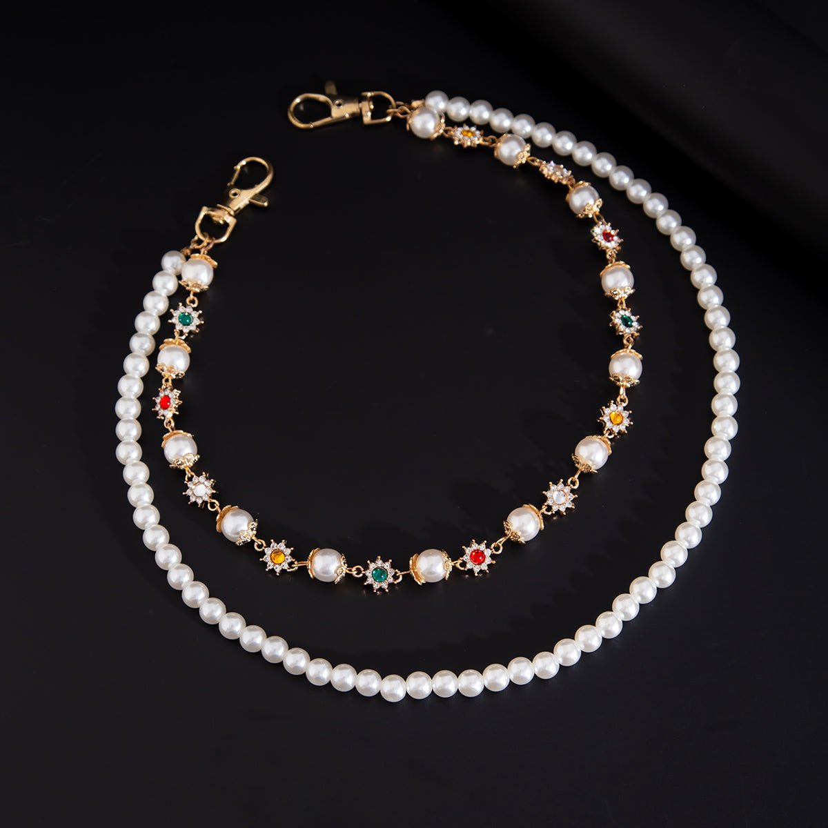 Elegant Layered Rhinestone Flower Pearl Trouser Chain - ArtGalleryZen