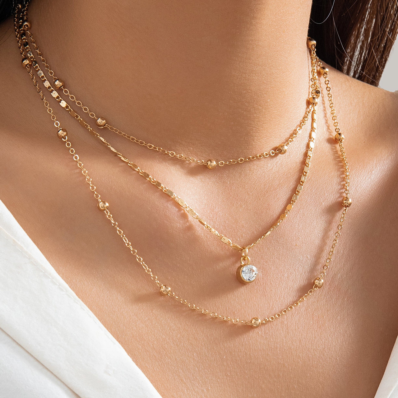 Elegant Layered Rhinestone Inlaid Ball Chain Necklace Set - ArtGalleryZen