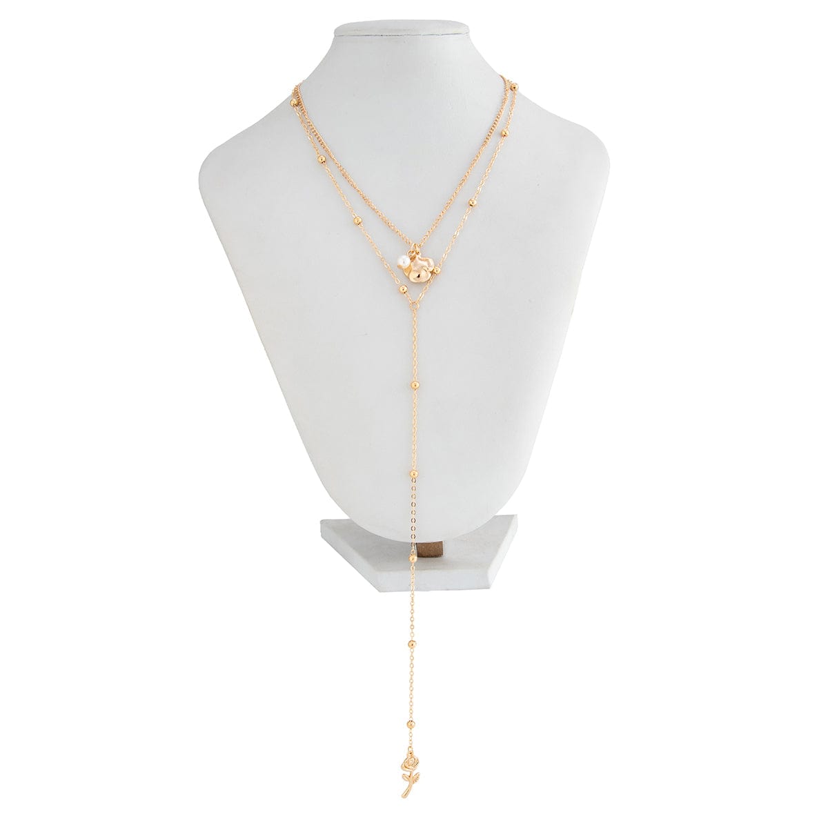 Elegant Layered Rose Pearl Charm Long Chain Y Necklace - ArtGalleryZen