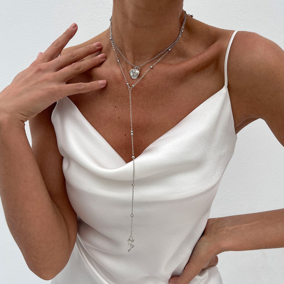 Elegant Layered Rose Pearl Charm Long Chain Y Necklace - ArtGalleryZen
