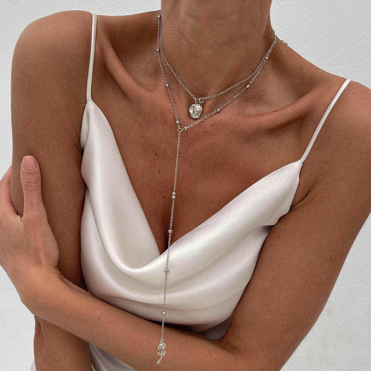 Elegant Layered Rose Pearl Charm Long Chain Y Necklace - ArtGalleryZen