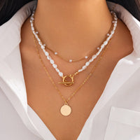 Thumbnail for Elegant Layered Round Disk Pendant Irregular Pearl Chain Necklace Set