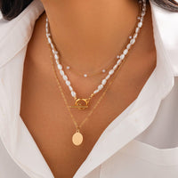 Thumbnail for Elegant Layered Round Disk Pendant Irregular Pearl Chain Necklace Set