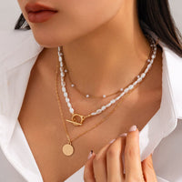 Thumbnail for Elegant Layered Round Disk Pendant Irregular Pearl Chain Necklace Set