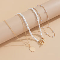 Thumbnail for Elegant Layered Round Disk Pendant Irregular Pearl Chain Necklace Set