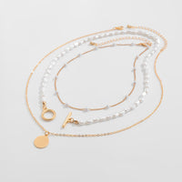 Thumbnail for Elegant Layered Round Disk Pendant Irregular Pearl Chain Necklace Set