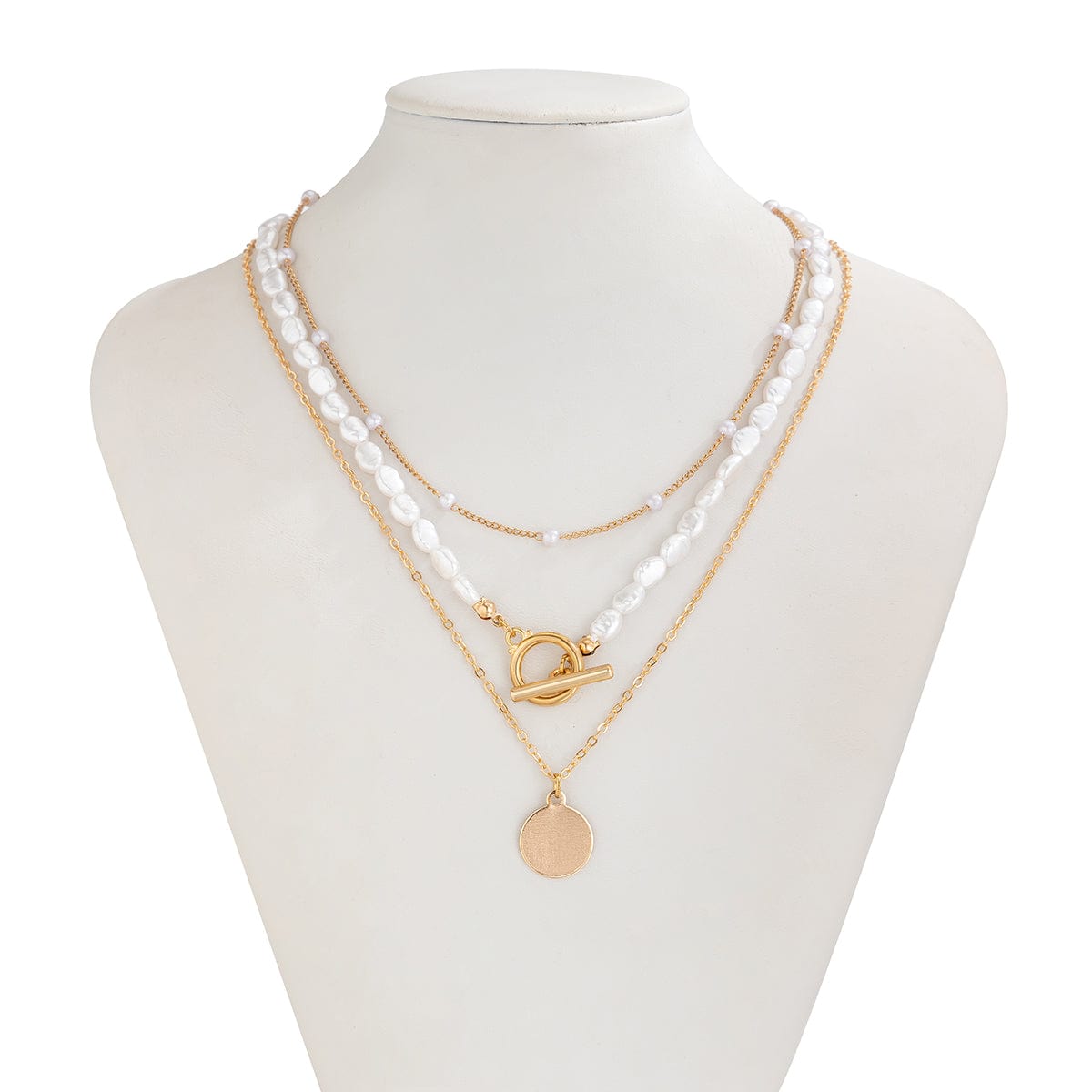 Elegant Layered Round Disk Pendant Irregular Pearl Chain Necklace Set