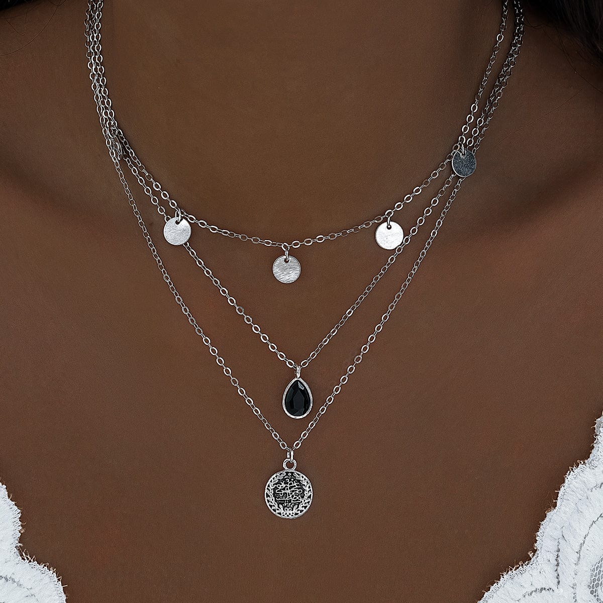 Elegant Layered Round Disk Tassel Waterdrop Pendant Chain Necklace Set - ArtGalleryZen