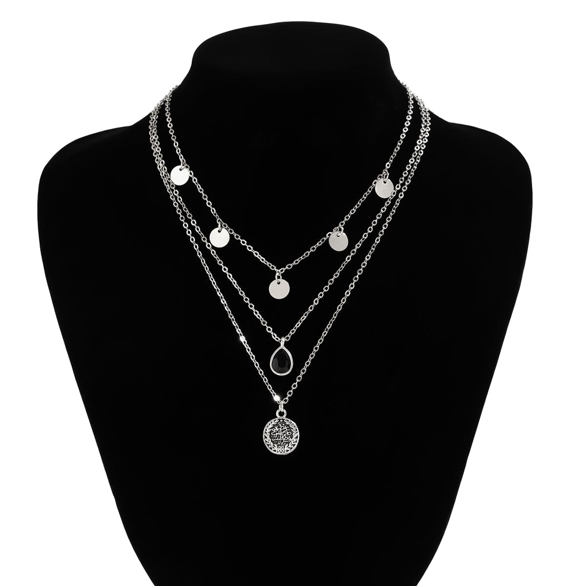 Elegant Layered Round Disk Tassel Waterdrop Pendant Chain Necklace Set - ArtGalleryZen