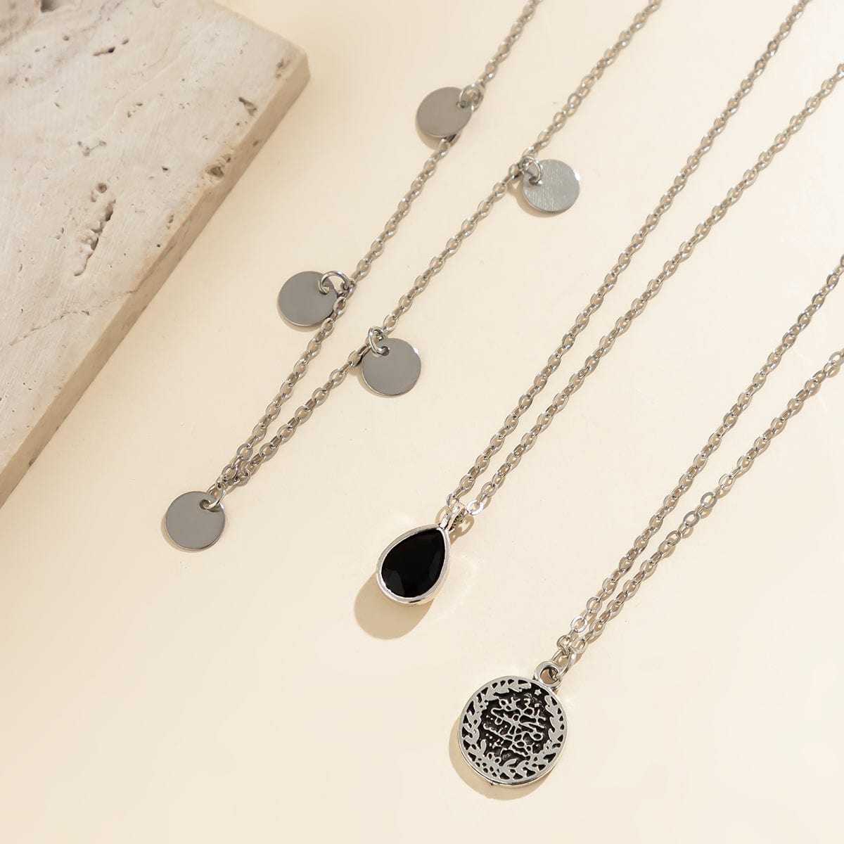 Elegant Layered Round Disk Tassel Waterdrop Pendant Chain Necklace Set - ArtGalleryZen