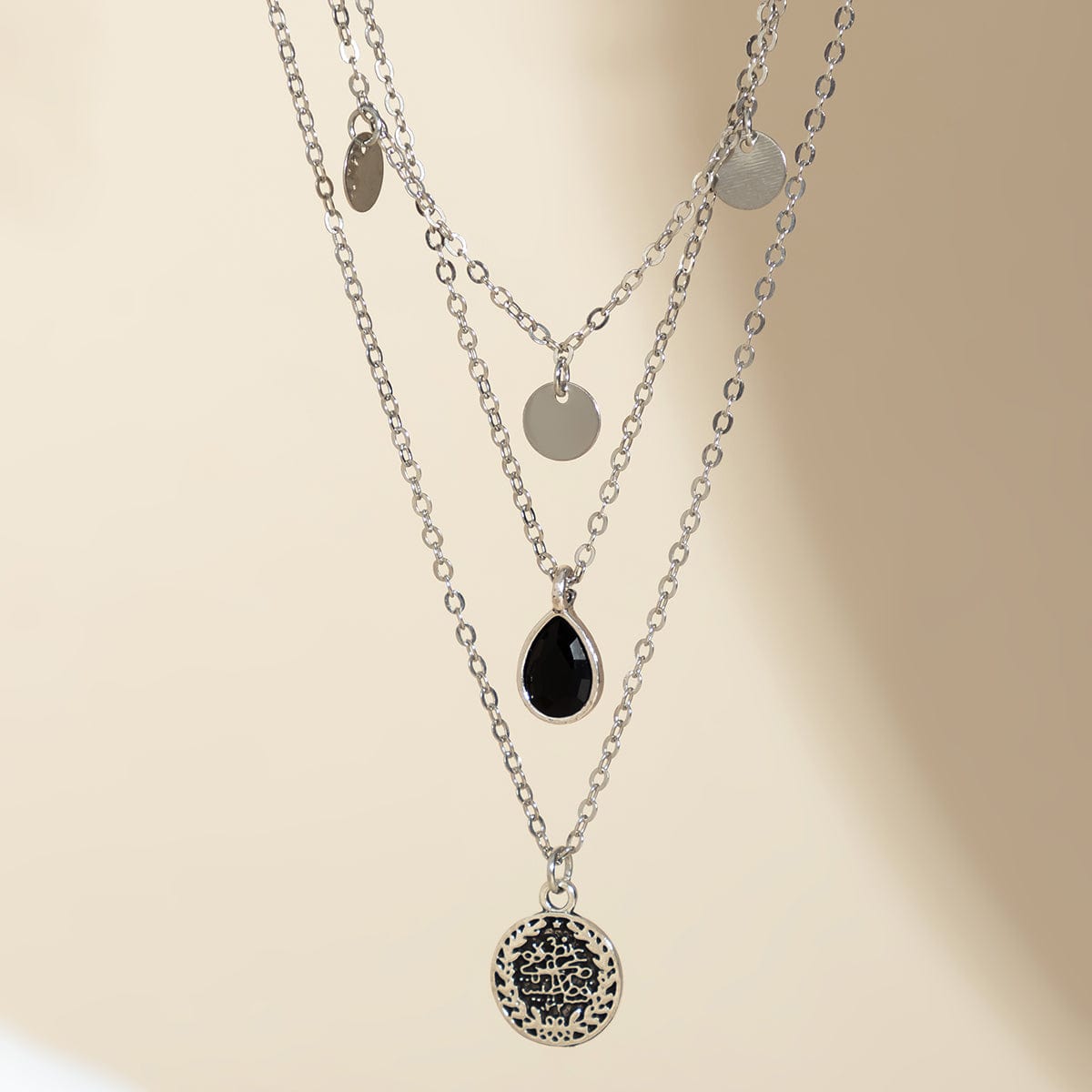 Elegant Layered Round Disk Tassel Waterdrop Pendant Chain Necklace Set - ArtGalleryZen