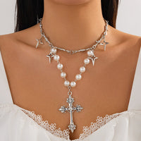 Thumbnail for Elegant Layered Silver Plated Star Cross Pendant Pearl Chain Necklace - ArtGalleryZen
