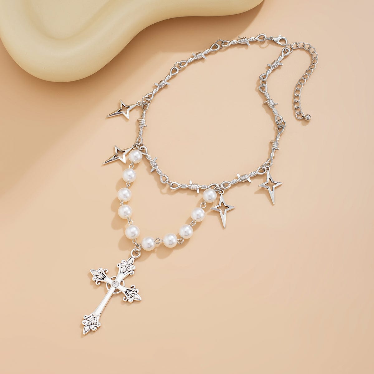 Elegant Layered Silver Plated Star Cross Pendant Pearl Chain Necklace - ArtGalleryZen