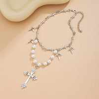 Thumbnail for Elegant Layered Silver Plated Star Cross Pendant Pearl Chain Necklace - ArtGalleryZen