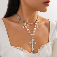 Thumbnail for Elegant Layered Silver Plated Star Cross Pendant Pearl Chain Necklace - ArtGalleryZen