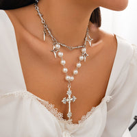 Thumbnail for Elegant Layered Silver Plated Star Cross Pendant Pearl Chain Necklace - ArtGalleryZen