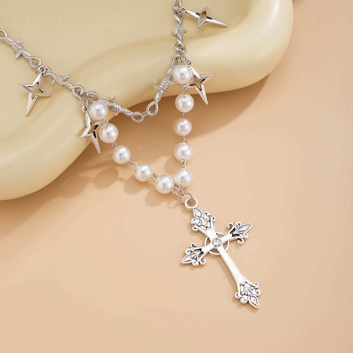 Elegant Layered Silver Plated Star Cross Pendant Pearl Chain Necklace - ArtGalleryZen
