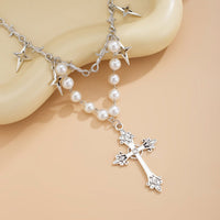Thumbnail for Elegant Layered Silver Plated Star Cross Pendant Pearl Chain Necklace - ArtGalleryZen