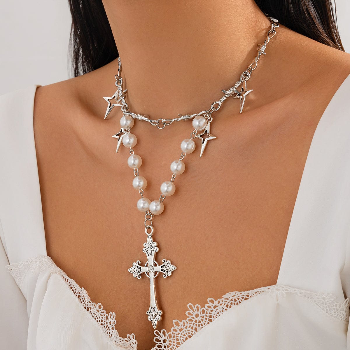 Elegant Layered Silver Plated Star Cross Pendant Pearl Chain Necklace - ArtGalleryZen
