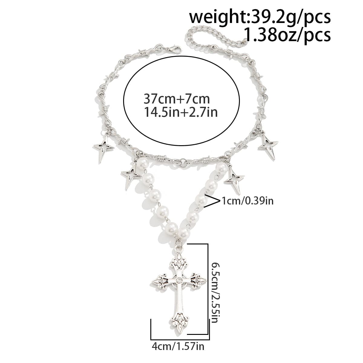 Elegant Layered Silver Plated Star Cross Pendant Pearl Chain Necklace - ArtGalleryZen