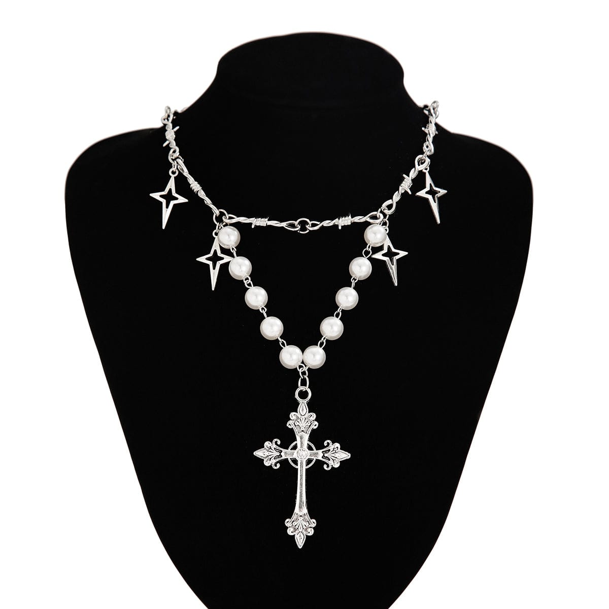Elegant Layered Silver Plated Star Cross Pendant Pearl Chain Necklace - ArtGalleryZen