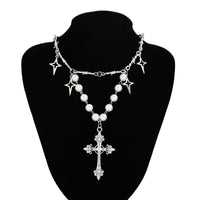 Thumbnail for Elegant Layered Silver Plated Star Cross Pendant Pearl Chain Necklace - ArtGalleryZen