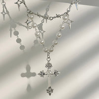 Thumbnail for Elegant Layered Silver Plated Star Cross Pendant Pearl Chain Necklace - ArtGalleryZen