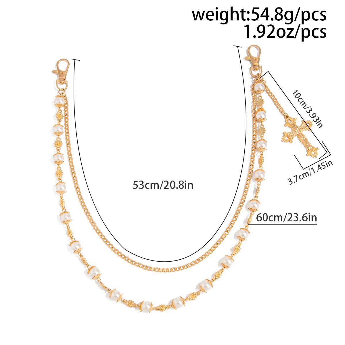 Elegant Layered Silver Tone Cross Pendant Pearl Trouser Chain - ArtGalleryZen