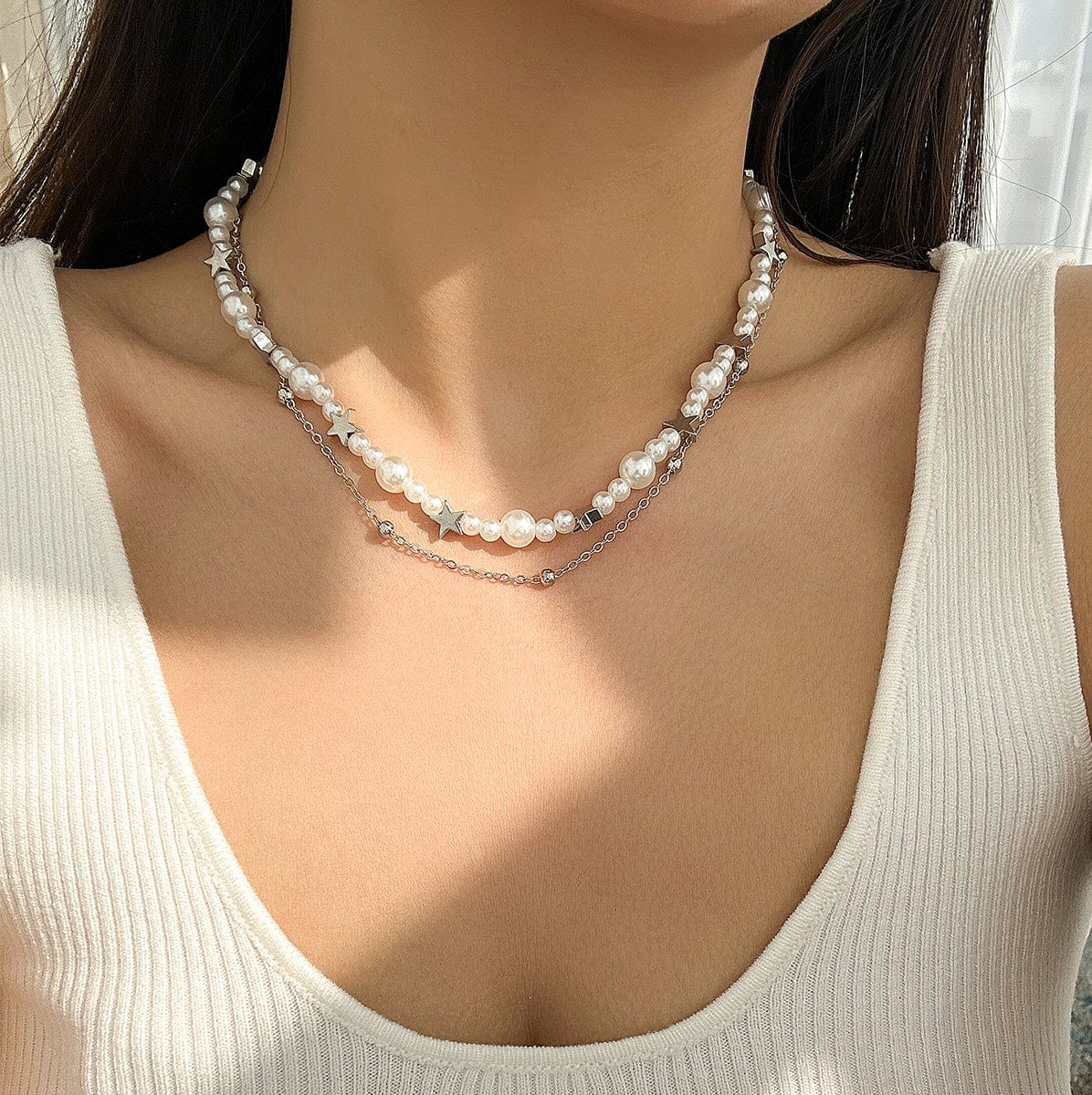 Elegant Layered Star Pearl Chain Beaded Necklace Set - ArtGalleryZen