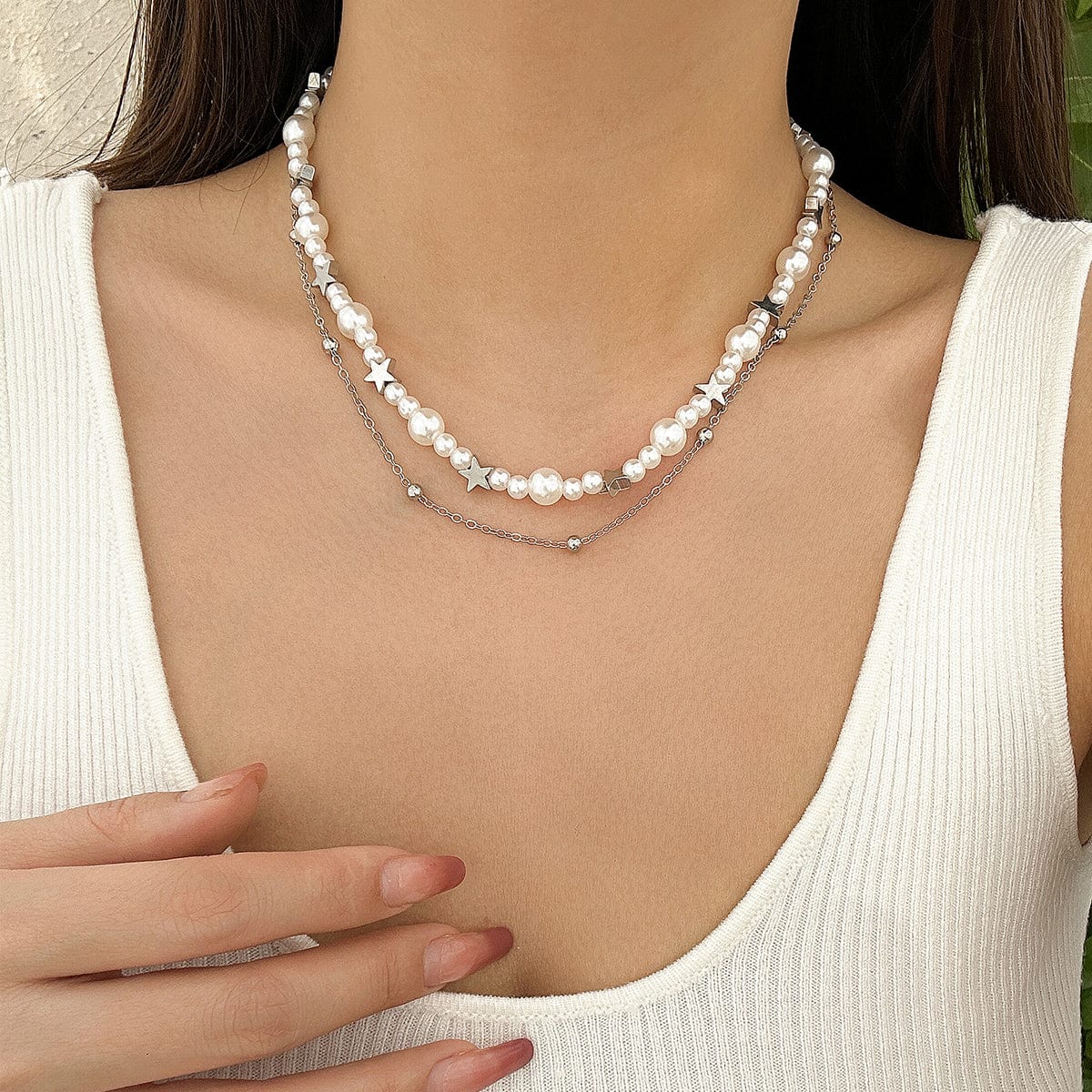 Elegant Layered Star Pearl Chain Beaded Necklace Set - ArtGalleryZen