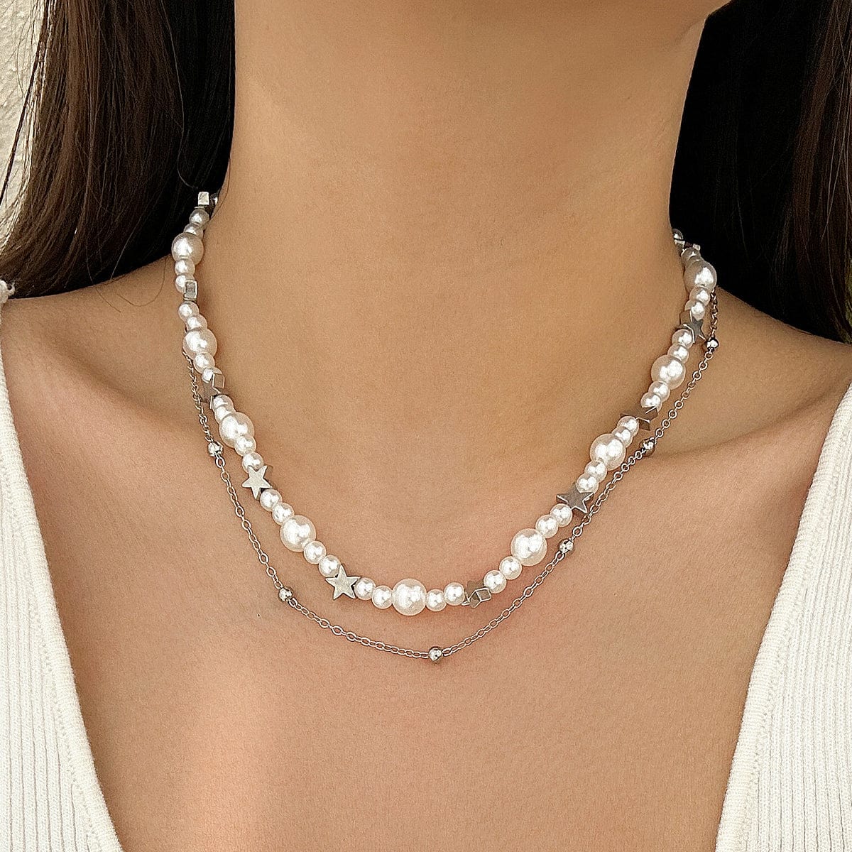 Elegant Layered Star Pearl Chain Beaded Necklace Set - ArtGalleryZen